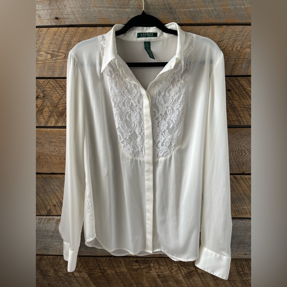 Ralph Lauren Tops - Ralph Lauren Women Blouse Long Sleeve Lace Front Size XL Polyester Cream Color